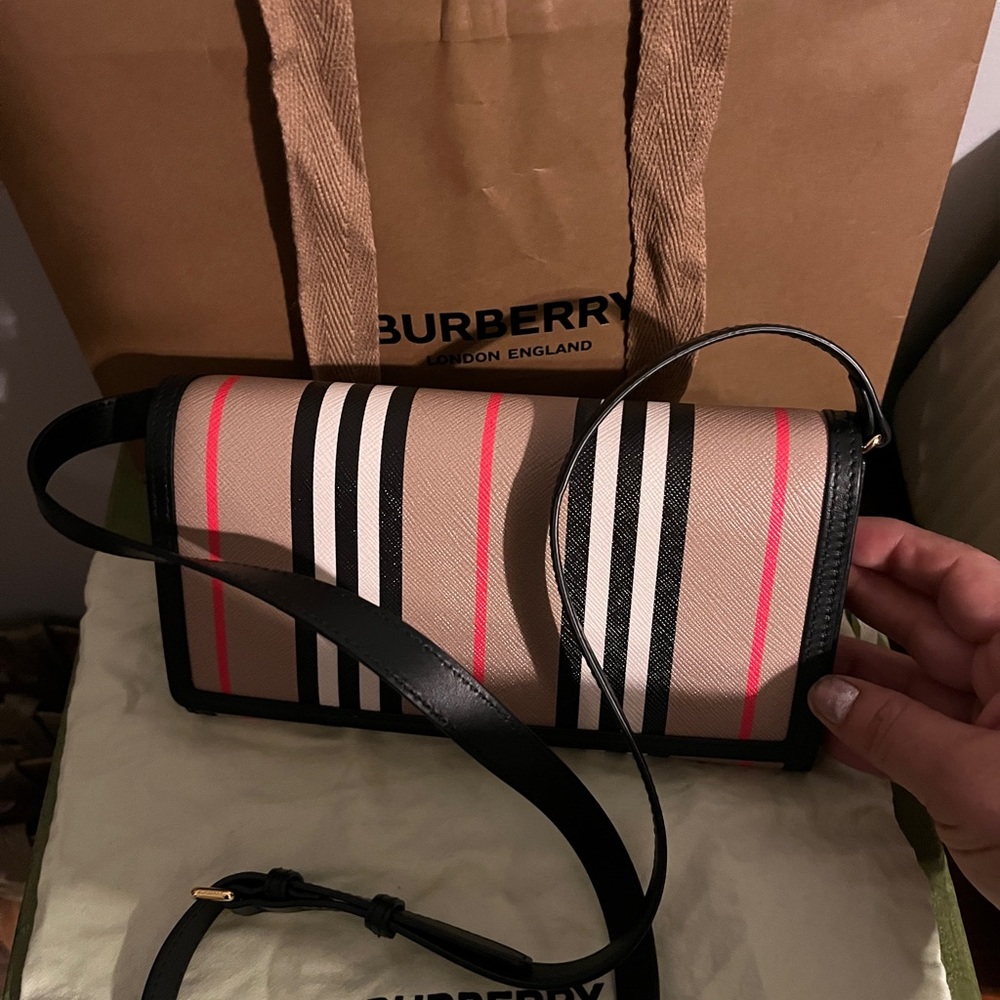Burberry Crossbody Bag in Tan, Black, and Red Stripes like new